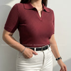 Old Money Women's Polo – Ribbed Cotton Knit | Maroon