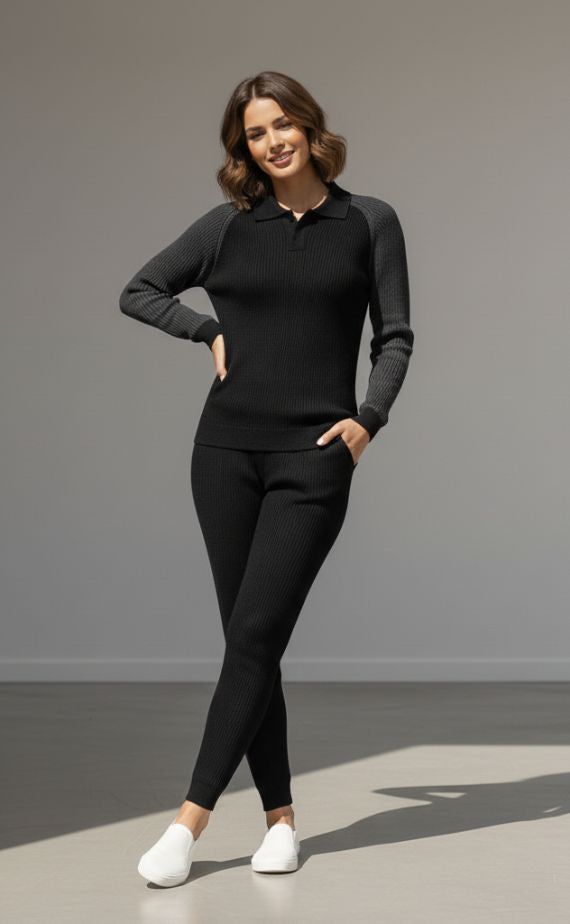 Old Money Long Sleeve Polo & Joggers Combo For Women – Black