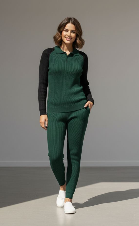 Old Money Long Sleeve Polo & Joggers Combo For Women – Bottle Green