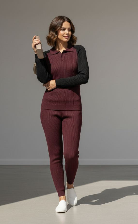 Old Money Long Sleeve Polo & Joggers Combo For Women – Maroon