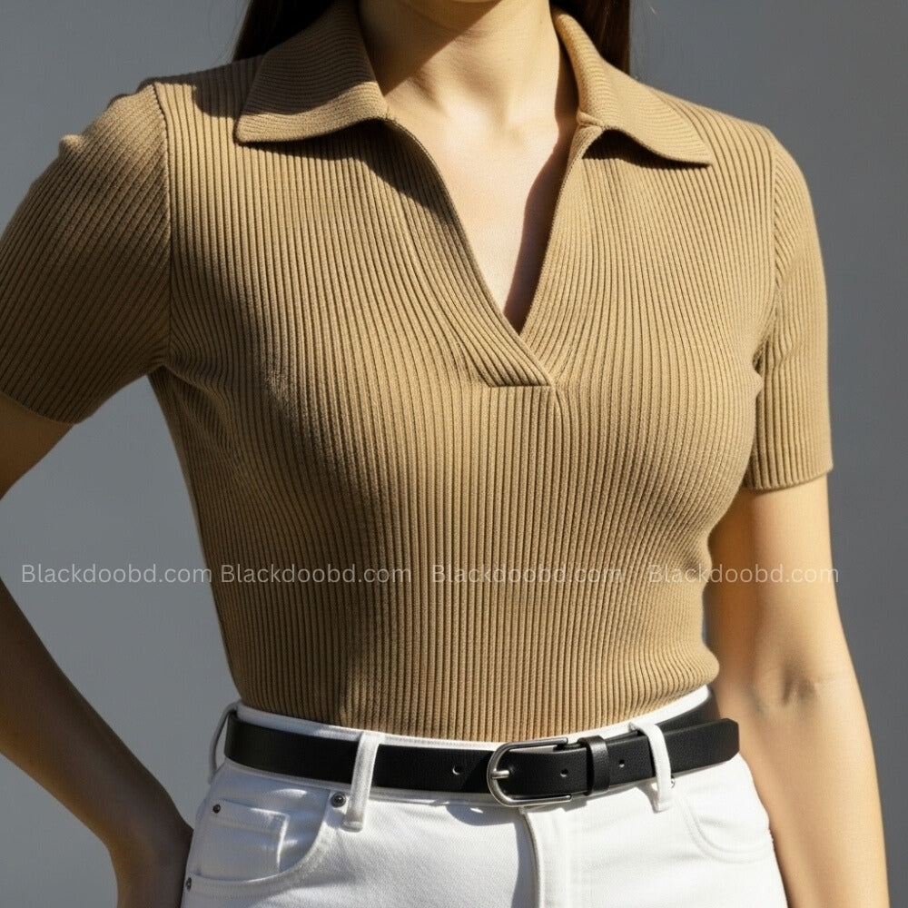 Old Money Women's Polo – Ribbed Cotton Knit | Brown