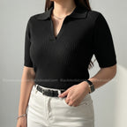 Old Money Women's Polo – Ribbed Cotton Knit | Black