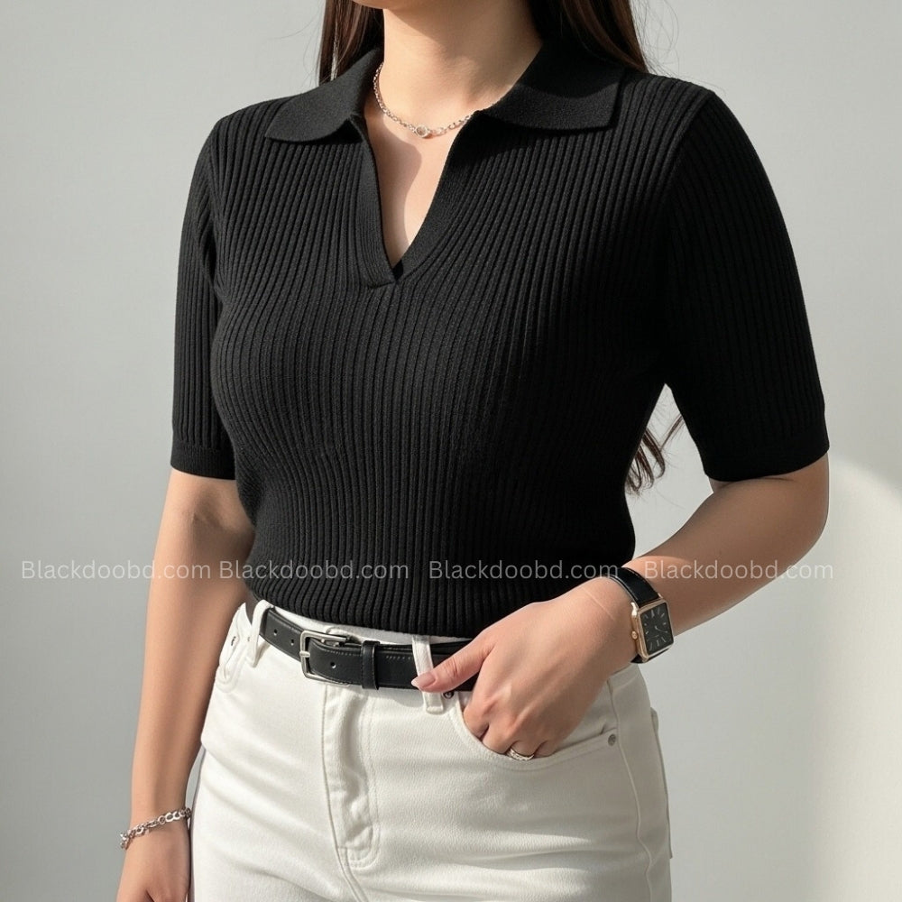 Old Money Women's Polo – Ribbed Cotton Knit | Black