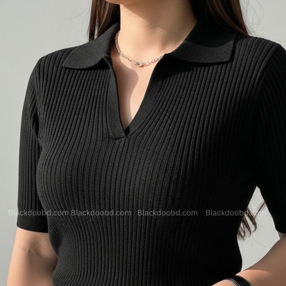 Old Money Women's Polo – Ribbed Cotton Knit | Black