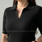 Old Money Women's Polo – Ribbed Cotton Knit | Black
