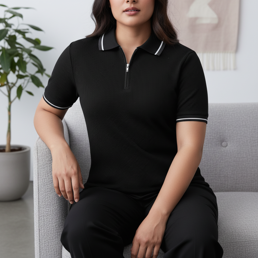 Blackdoo Waffle Zip Polo - Black