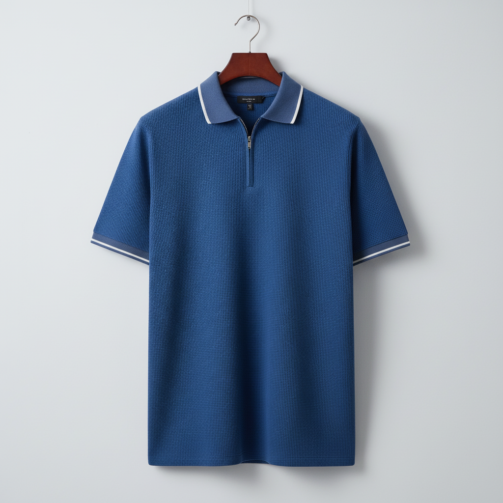Blackdoo Waffle Zip Polo - Blue